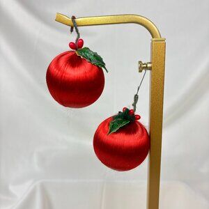 Satin Thread Ball Ornaments Red With Holly On Top Vintage Set Of 2